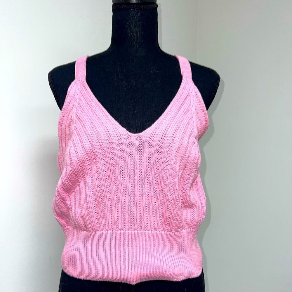 Pink knitted crop top tank top, Valentine’s Day, women size XL